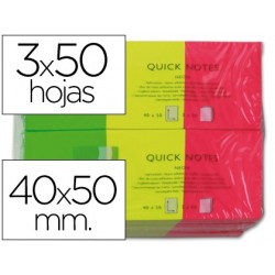 Bloc de notas adhesivas quita y pon q-connect 40x50 mm neon pack de 3 unidades con 50 hojas por color