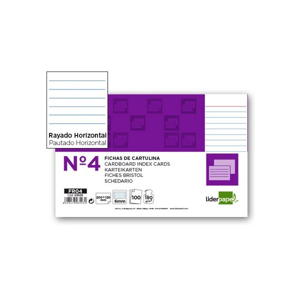 Ficha Liderpapel Rayada Nº4 125x200mm Paquete De 100 180gr