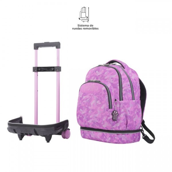 Mochila escolar ruedas desmontable camuflaje rosa - Totto Tiza